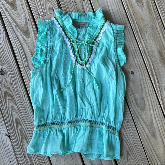 Double D Ranch XL rickrack top turquoise western XL smocked ruffles sleeveless - Picture 1 of 7